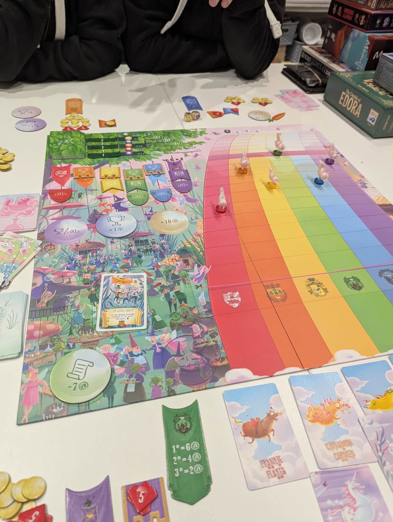Players gathered around a colourful fantasy board game.