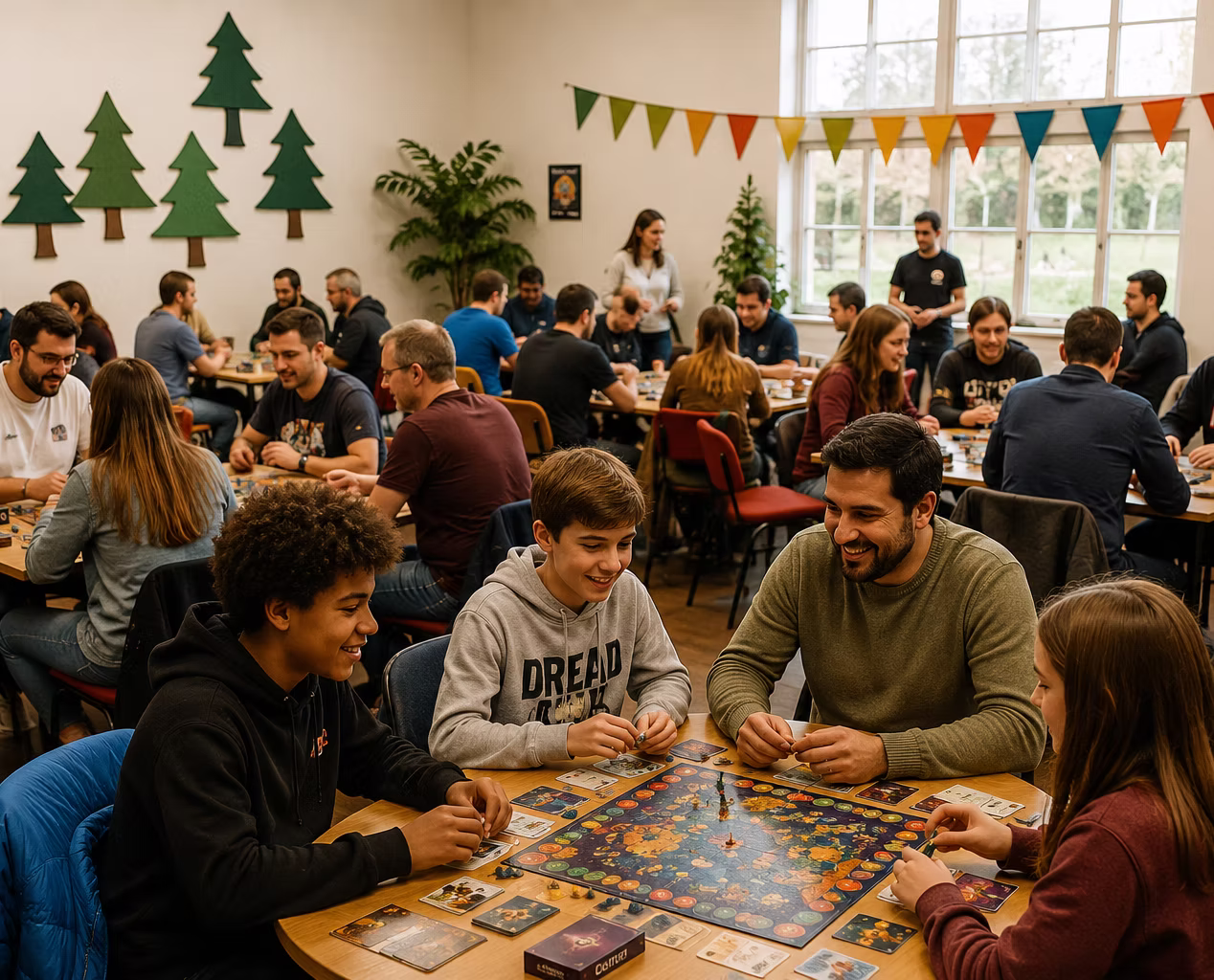 Friends and family playing board games together at a Reyt Good Events gaming day.
